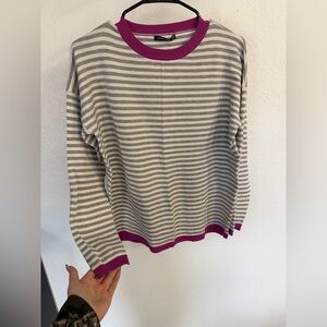 Staccato Gray and White Striped Crew Sweater with Fuchsia Trim